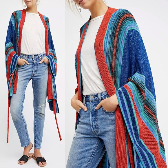 Free People In a Moment Poncho Ruana OS Sparkle Striped Knit Cardigan Boho $198 - Picture 1 of 16